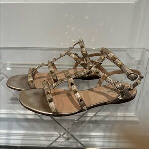 Valentino Rockstud double ankle strap gold flat sandals size 37.5